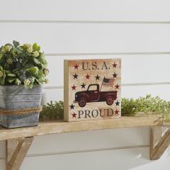 My Country USA Proud Red Truck w/ Red & Blue Stars MDF Block Sign 6x6x1