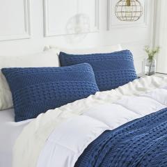 VHC Brands Waffle Weave Navy Blue Standard Pillow Sham Set (2-Pack) - 20x26" Farmhouse Boho Decorative Bedding