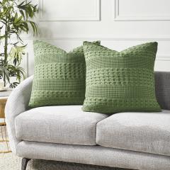 VHC Brands Waffle Weave Olive Green Pillow Covers (Set of 2) 24x24 - Decorative Throw Shams for Farmhouse, Boho Bedroom & Living Room Decor