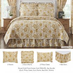 Dorset Gold Floral Queen Quilt 90Wx90L 8pc Bundle (Quilt, Pillow Cases, Euro Shams, Bed Skirt, Shams)
