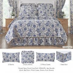 Dorset Navy Floral King Quilt 105Wx95L 8pc Bundle (Quilt, Bed Skirt, Pillow Cases, Shams, Euro Shams)