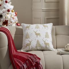 Golden Deer and Pine Embroidered Pillow 18x18