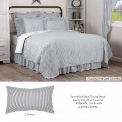 Sawyer Mill Blue Ticking Stripe Luxury King Quilt Coverlet 120Wx105L 3pc Bundle (Coverlet, Shams)