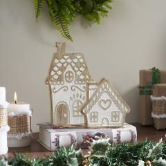 White Washed Gingerbread Drive Natural Wooden Houses Set of 2 - 5x5x1/8x5x1