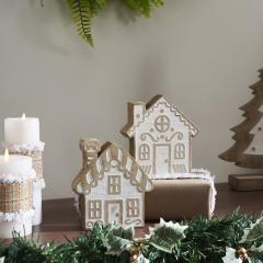 White Washed Candy Cane Lane Natural Wooden Houses Set of 2 - 5x4.5x1.25/5x4.75x1.5