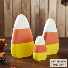 Fall Autumn Candy Corn Wooden Decor Set of 3 Assorted Sizes for Rustic Farmhouse Tabletop & Tiered Tray Display (6 PC Bundle)