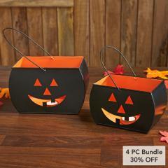 Black Halloween Trick or Treat Tealight Candle Holders Spooky Votive Lanterns Set of 2 for Fall Home Decor (4 PC Bundle)