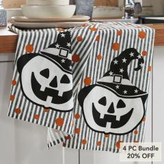 Halloween Fall Kitchen Towel Set, 19x28 Absorbent Cotton Pumpkin & Stripe Dish & Hand Towels 2Pack (4 PC Bundle)