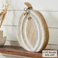 Distressed White Carved Wooden Pumpkin Rustic Farmhouse Fall Autumn Home Decor 12x8.75x1.5 Seasonal Tabletop Accent (2 PC Bundle)