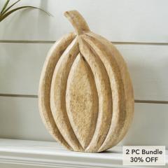 Natural Carved Wooden Pumpkin Fall Farmhouse Tabletop Decor Rustic Solid Wood Autumn Accent 10x7.25x1.5 inches (2 PC Bundle)