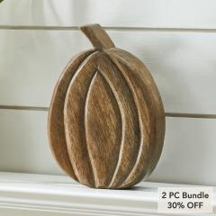 Carved Wood Pumpkin Fall Decor Rustic Walnut Brown Tabletop Accent 8x6x1.5 inch (2 PC Bundle)
