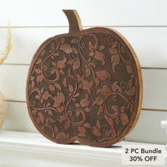 Dark Rustic Wooden Carved Vine Pumpkin 14 Farmhouse Fall Home Decor Accent (2 PC Bundle)