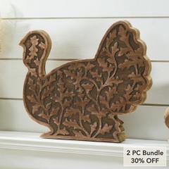 Rustic Dark Wood Carved Turkey Figurine, Autumn Fall Harvest Thanksgiving Tabletop Decor 11.5x13.5x2.5 inches (2 PC Bundle)