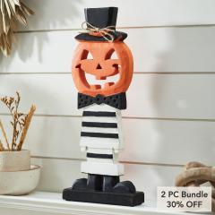 17.5 inch Fancy Wooden Jack O Lantern Halloween Pumpkin Decor Rustic Fall Tabletop Display (2 PC Bundle)