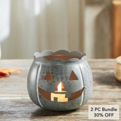 Decorative Halloween Jack O Lantern Candle Holder Antique Grey Fall Tabletop Decor 4.25x5.25x5.25 (2 PC Bundle)