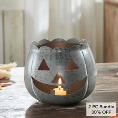 Halloween Jack O Lantern Candle Holder Antique Grey Fall Tabletop Seasonal Decor 6.25x7.5x7.5 Inch (2 PC Bundle)