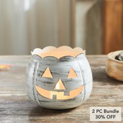 Halloween Jack O Lantern Pumpkin Candle Holder Antique White Fall Tabletop Decor 4.25x5.25x5.25 (2 PC Bundle)