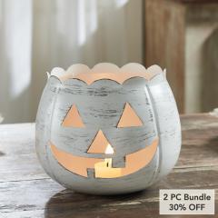 Antique White Jack O Lantern Candle Holder Halloween Fall Decor Centerpiece 6.25x7.5x7.5 Inch Spooky Tabletop Accent (2 PC Bundle)