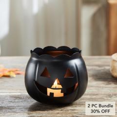 Black Jack O Lantern Halloween Votive Candle Holder, Fall Pumpkin Decor, 4.25x5.25x5.25 (2 PC Bundle)