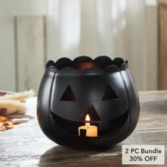 Halloween Black Jack O Lantern Decorative Candle Holder Spooky Pumpkin Votive Lantern 6.25in H x 7.5in W x 7.5in D Seasonal Accent (2 PC Bundle)
