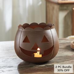 Bronze Jack O Lantern Votive Tealight Candle Holder, Spooky Halloween Fall Metal Decor 6.25x7.5x7.5 Inch (2 PC Bundle)