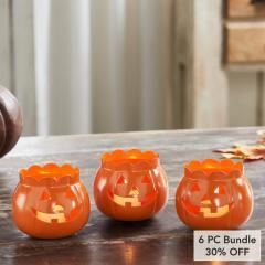 Halloween Jack O Lantern Pumpkin Votive & Tealight Candle Holders (Set of 3) Orange Fall Tabletop Decor 3.5 (6 PC Bundle)