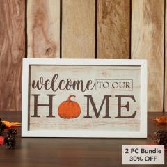 Welcome To Our Home Pumpkin Wall Sign 10x16 Rustic Farmhouse Fall Autumn Harvest Wall Decor Plaque for Entryway and Living Room (2 PC Bundle)