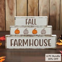 Fall Autumn Harvest Rustic Farmhouse Pumpkin Wood Block Signs Set of 3 Tabletop Decor (6 PC Bundle)