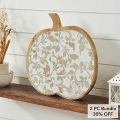 Whitewash Wood Carved Vine Pumpkin Fall Harvest Tabletop Decor 14x14x1.5 Inch (2 PC Bundle)