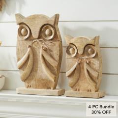 Natural Wooden Owl Decor Statues, Hand Carved Solid Wood Figurines, Set of 2 Rustic Farmhouse Home Accents 9.75 inch & 13.25 inch (4 PC Bundle)