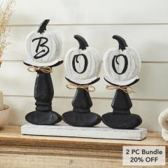 BOO Pumpkins Wooden Tabletop Halloween Fall Home Decor Sign (2 PC Bundle)