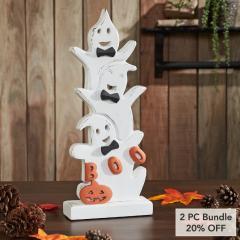 Whimsical Halloween Ghost Stack BOO Wooden Figurine Tabletop Mantel Decor (2 PC Bundle)