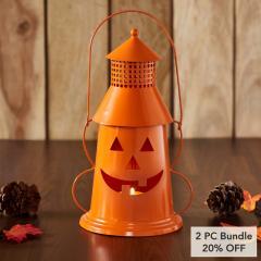 Decorative Orange Halloween Pumpkin Tealight Candle Holder Lantern 12x8x6 (2 PC Bundle)