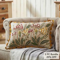 Embroidered Woodland Mushroom Lumbar Throw Pillow 14x20 Rustic Farmhouse Accent Home Decor (2 PC Bundle)