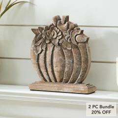 Rustic Farmhouse Carved Wooden Floral Crown Pumpkin Autumn Fall Harvest Tabletop Decor 8.5x8x2 Inch (2 PC Bundle)