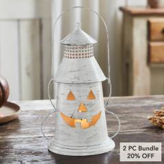 Antique White Distressed Halloween Decorative Metal Lantern Spooky Tealight Candle Holder Fall Seasonal Home Accent 12x8x6 (2 PC Bundle)