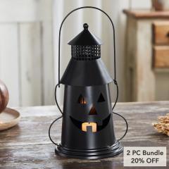 Black Halloween Spooky Decorative Metal Lantern Tealight & Votive Candle Holder Indoor Tabletop Accent Decor 12 Inch Tall (2 PC Bundle)