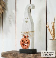 Whimsical Wooden Jack O Lantern Ghost Tabletop Decor Figurine Festive Fall Halloween Accent 12.5inch (2 PC Bundle)
