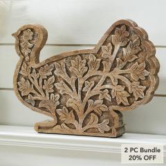 Autumn Harvest Carved Wooden Turkey Figurine, Fall Leaf Tabletop Decor, Thanksgiving Accent, 10x14x2 (2 PC Bundle)