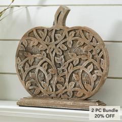 Harvest Vine Carved Wooden Pumpkin Rustic Natural Fall Tabletop Decor 12x11x2 Autumn Accent (2 PC Bundle)