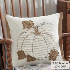 Fall Harvest Farmhouse Embroidered Pumpkin Jute Flange Throw Pillow 18x18 (2 PC Bundle)