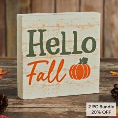 Hello Fall Pumpkin Autumn Harvest Farmhouse Rustic Cream MDF Tabletop Sign 5x5 Inch Decorative Plaque (2 PC Bundle)