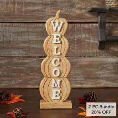 Pumpkin Stack Welcome Sign Fall Farmhouse Rustic Decor Tiered Harvest Wall Plaque 16.5 Inch (2 PC Bundle)