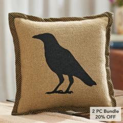 Raven Harvest 9x9 Inch Primitive Farmhouse Raven Decorative Accent Pillow (2 PC Bundle)