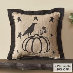 Raven Harvest Primitive Pumpkin Decorative Pillow 6x6 Inch Farmhouse Fall Accent Cushion (2 PC Bundle)