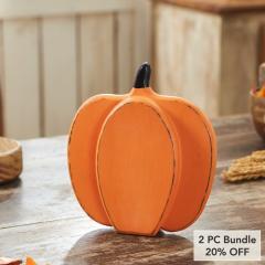 Rustic Orange Wooden Pumpkin Fall Harvest Tabletop Decor Accent 9x8x2 Inch (2 PC Bundle)