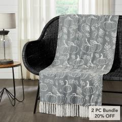 Autumn Fall Grey Pumpkin Silhouette Plush Throw Blanket 50x60 Cozy Home Decor (2 PC Bundle)