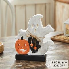 Halloween Spooky Jack O Lantern Wooden Ghost Tabletop Fall Decor (2 PC Bundle)