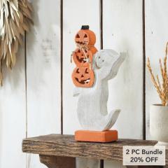 Halloween Wooden Stacked Jack O Lantern Ghost Tabletop Decor Figurine 11x6x2 Inch (2 PC Bundle)