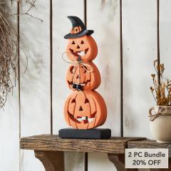 Stacked Wooden Jack O Lantern 14.25in Tall Rustic Farmhouse Halloween Fall Decor (2 PC Bundle)